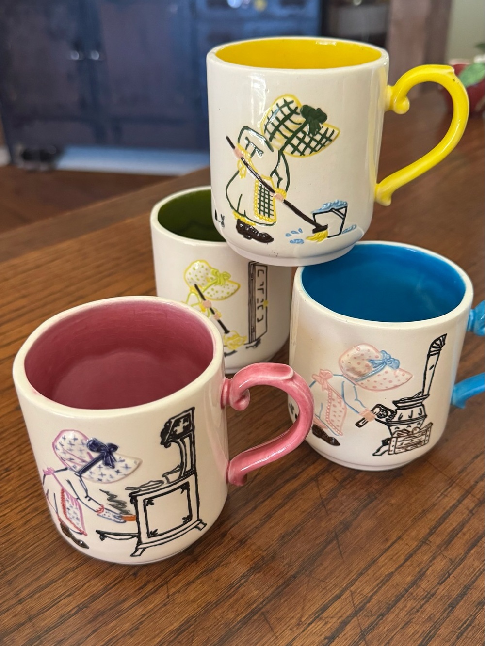 RARE Vintage 1970s Set of 4 Multi-Color Holly Hobbie Mugs w/“Home Sweet Home”
